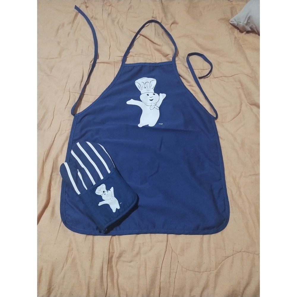 Pillsbury Doughboy Bib Apron and Oven Mitt Set Blue White One Size Polyester